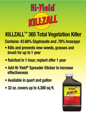 Hi-Yield Killzall 365 32oz application image shows mixing and spot treatment options.