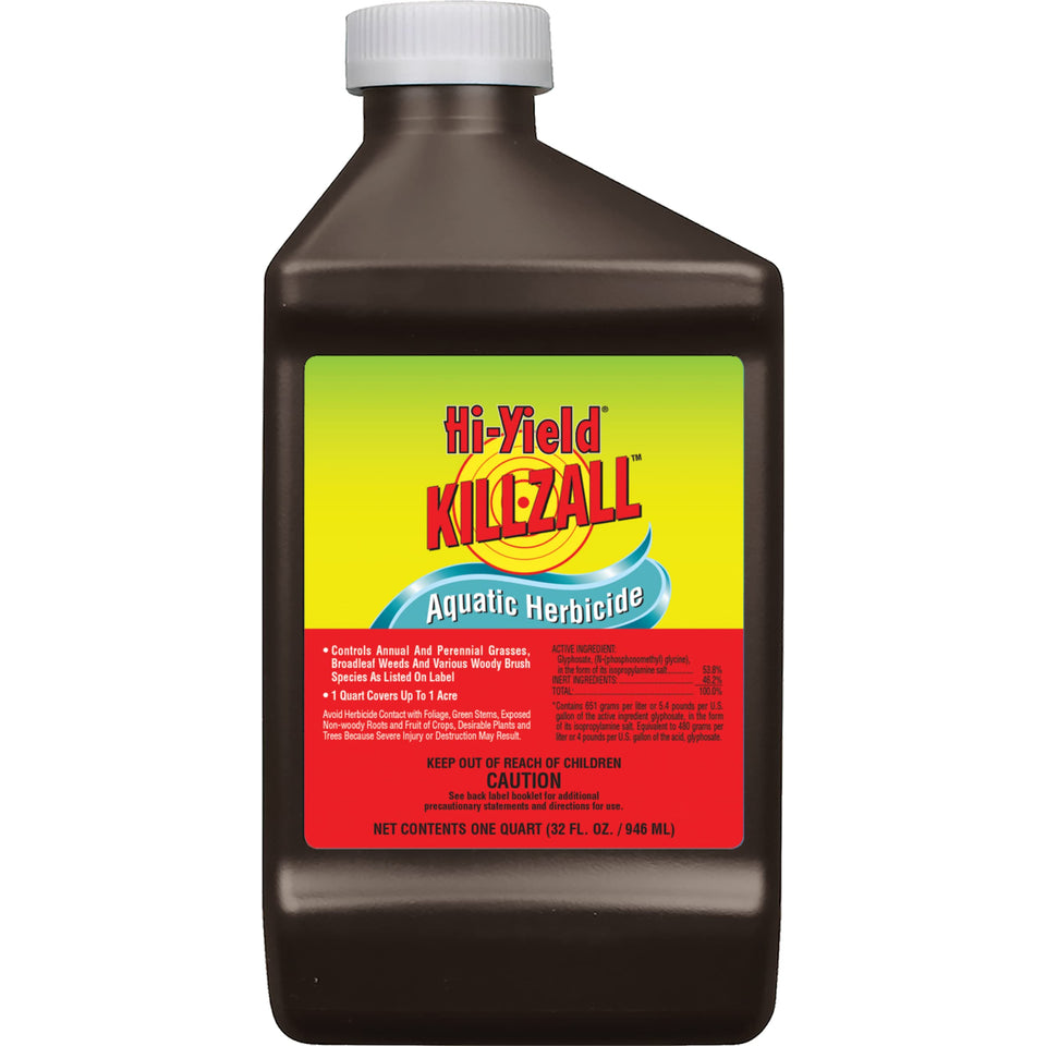 Hi-Yield Killzall Aquatic Herbicide bottle ready for non-crop and aquatic weed control.
