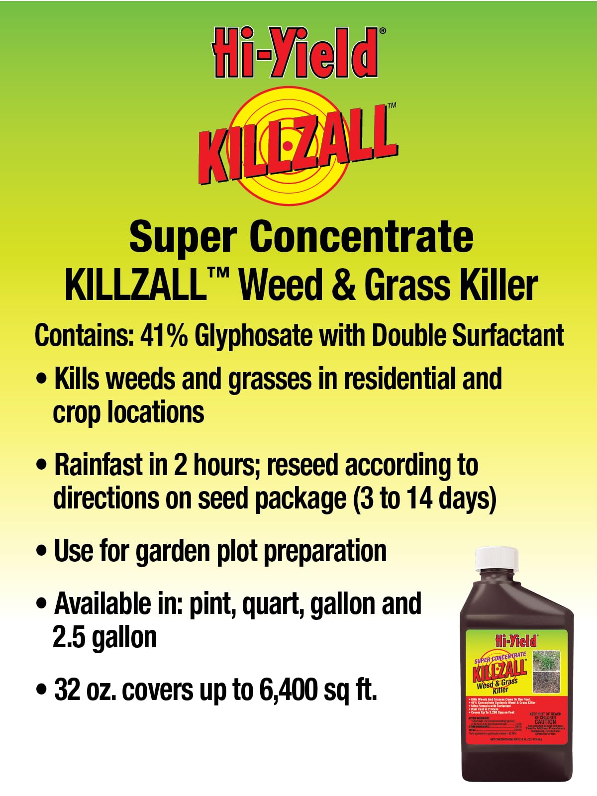 Hi-Yield Killzall weed killer application shows large-area coverage up to 6,400 sq ft.
