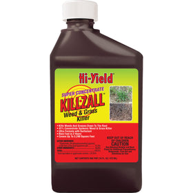 Hi-Yield Killzall weed killer bottle ready for outdoor use with large-area coverage.