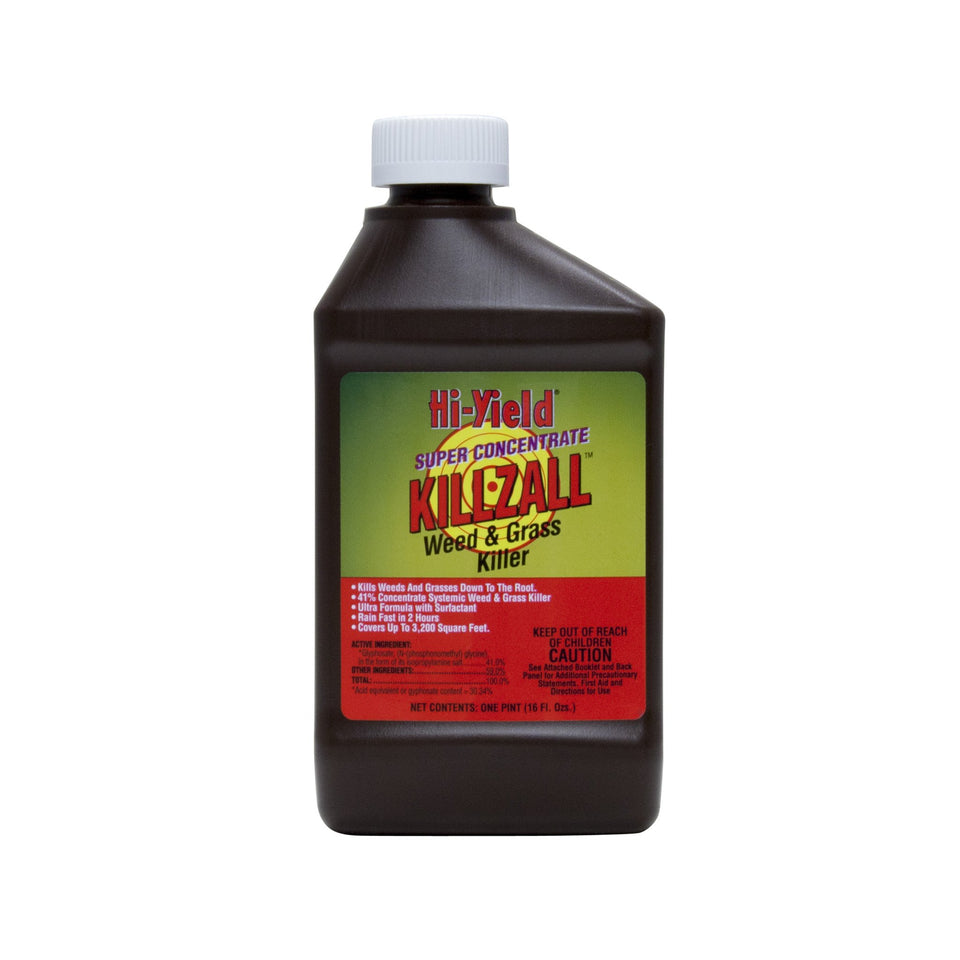 Hi-Yield Killzall weed killer bottle for targeted root level weed and grass elimination outdoors.