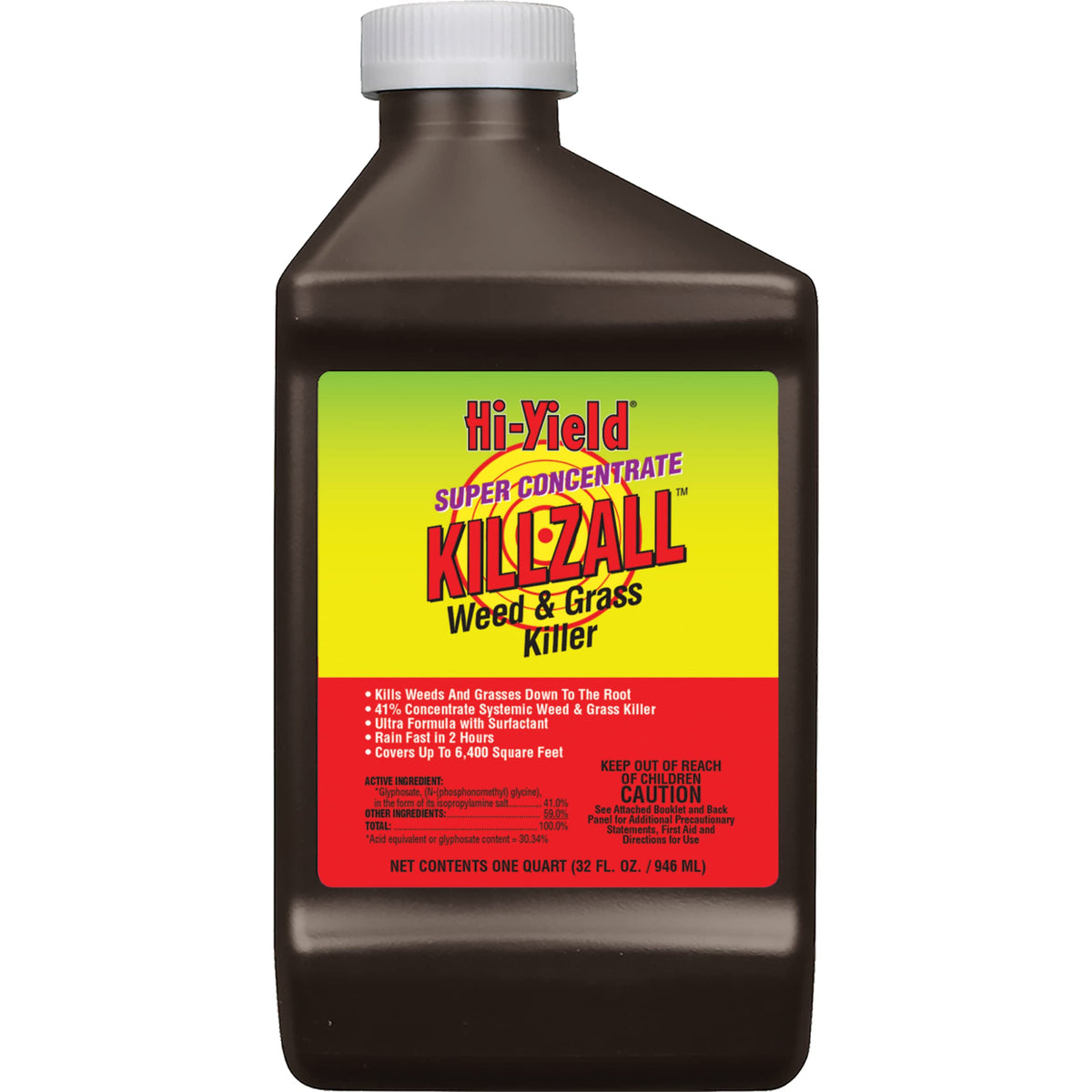 Hi-Yield Killzall weed killer bottle demonstrates fast-acting action on weeds.