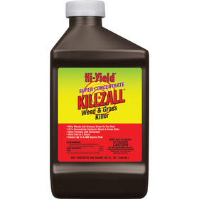 Hi-Yield Killzall weed killer bottle demonstrates fast-acting action on weeds.