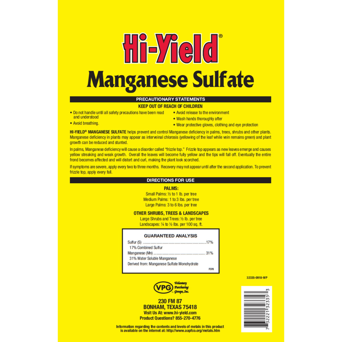 Hi-Yield Manganese Sulfate plant application showing safe use on palms and shrubs