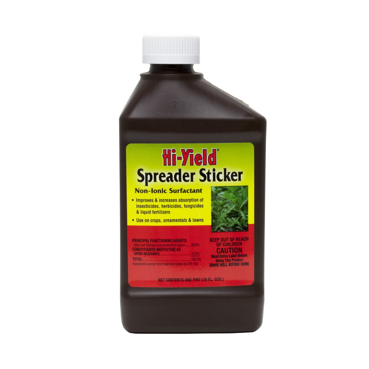 Hi-Yield Spreader Sticker bottle demonstrates water-wetting for improved pesticide uptake.