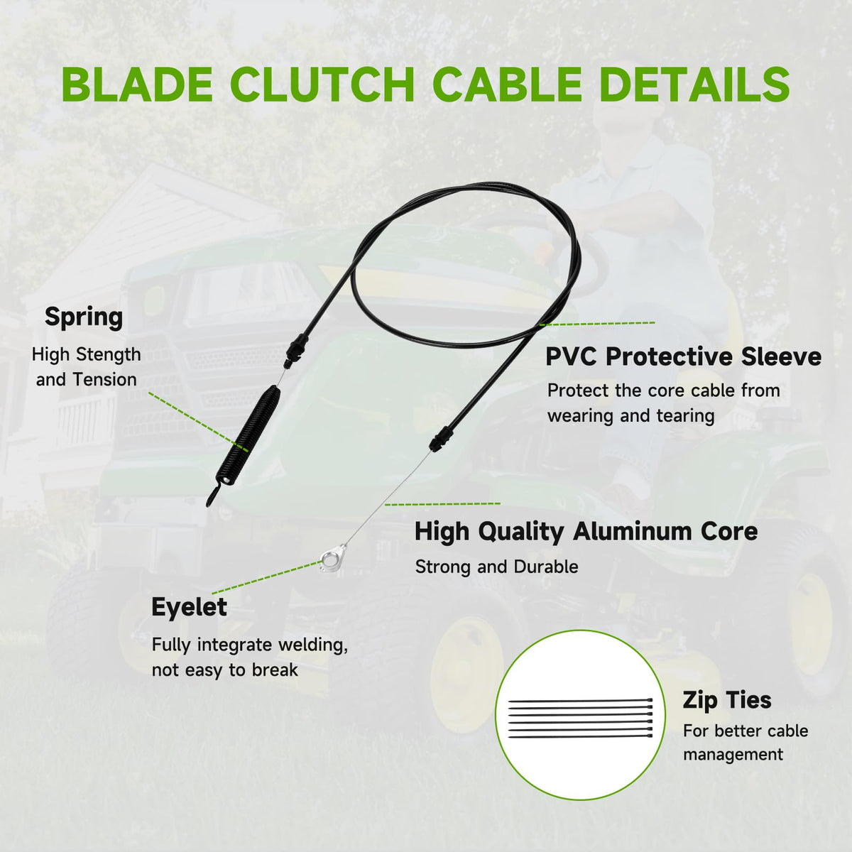HIAORS deck engagement cable compatibility image highlights broad mower model fit.