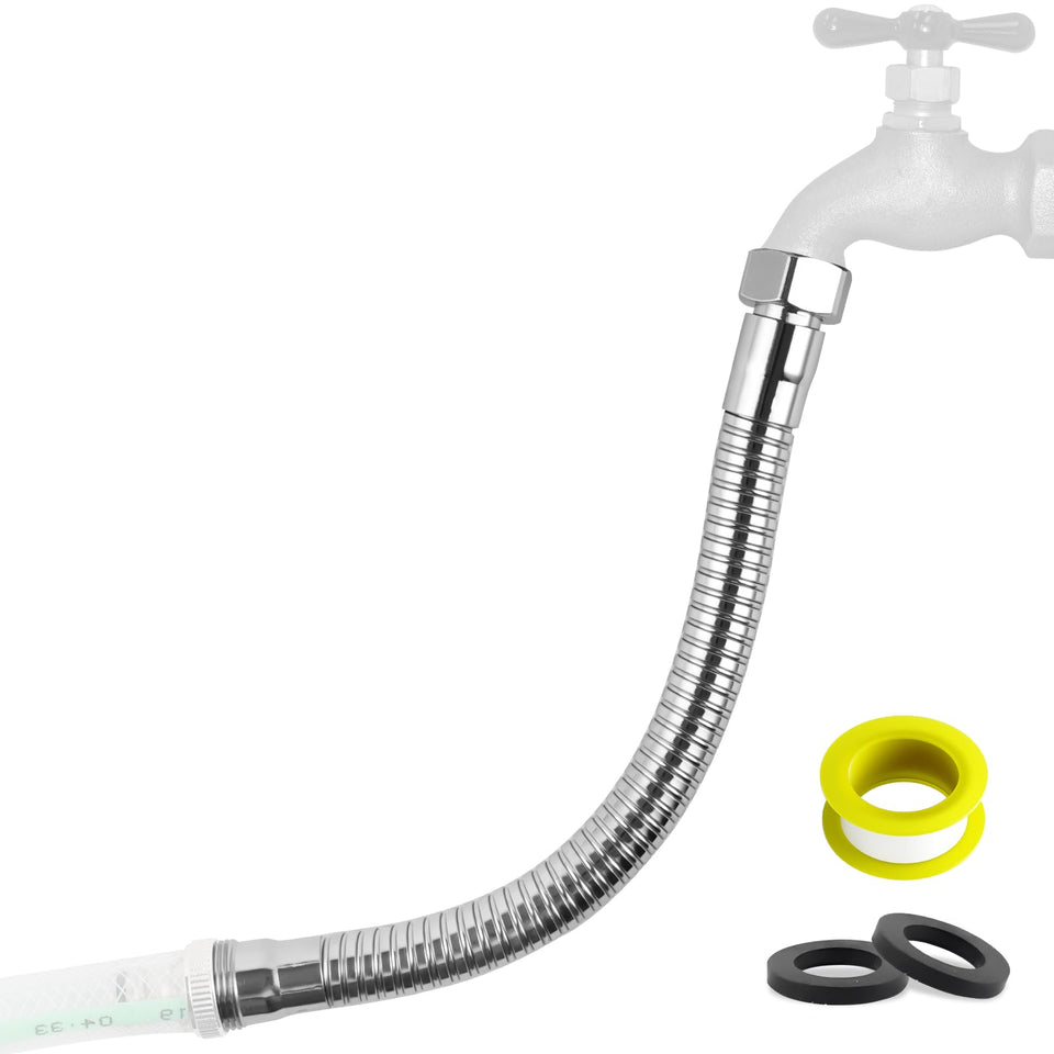 Hibbent all-metal garden hose protector chrome guards connections and resists weathering.