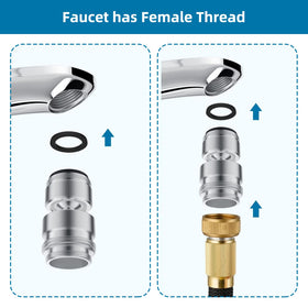 Hibbent chrome-brass dual-thread adapter supports both faucet and hose fittings.