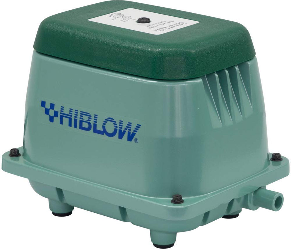 Hiblow HP-60 pond aerator front view shows quiet, oil-free operation for clear water.