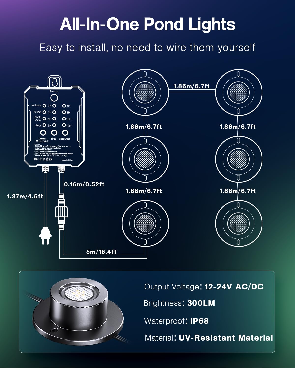 HIBOITEC pond light with remote control and dusk-dawn sensor for effortless operation.