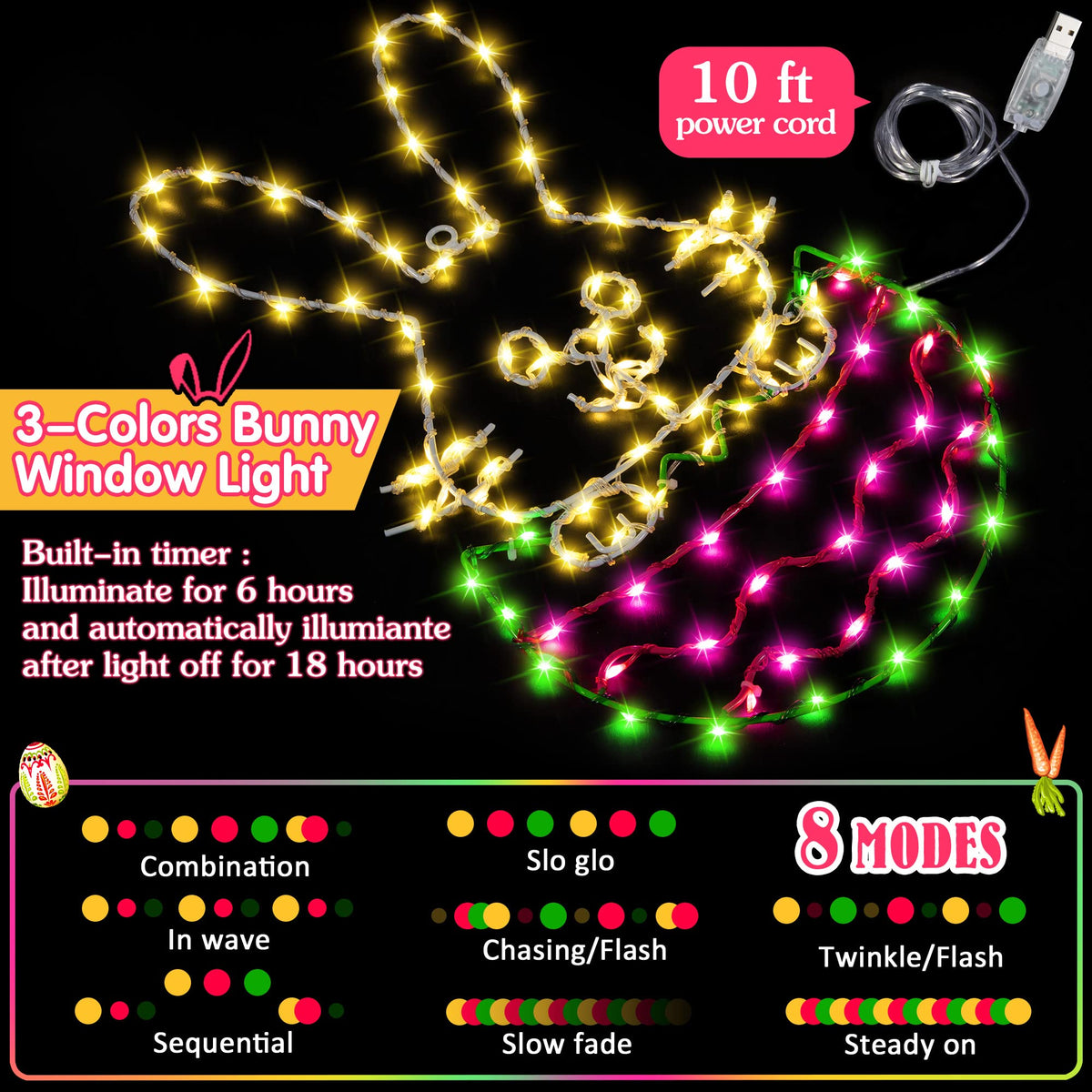 Hiboom Easter window light USB powered via 10ft cable for ambience