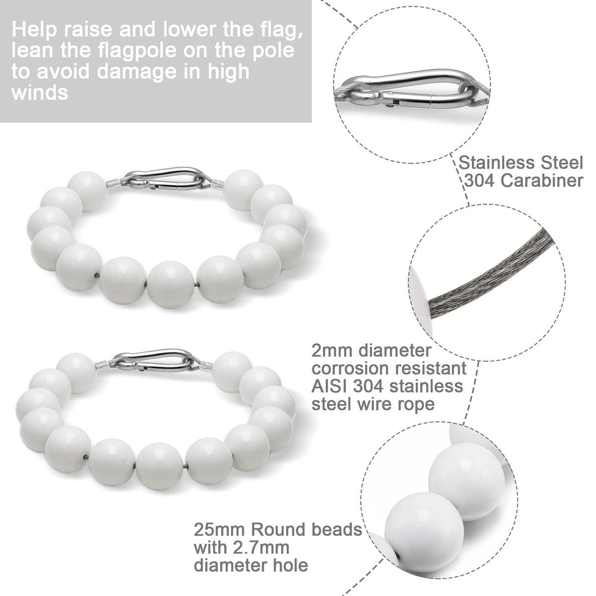 Hicarer stainless steel cable attachment securing loops on a flagpole