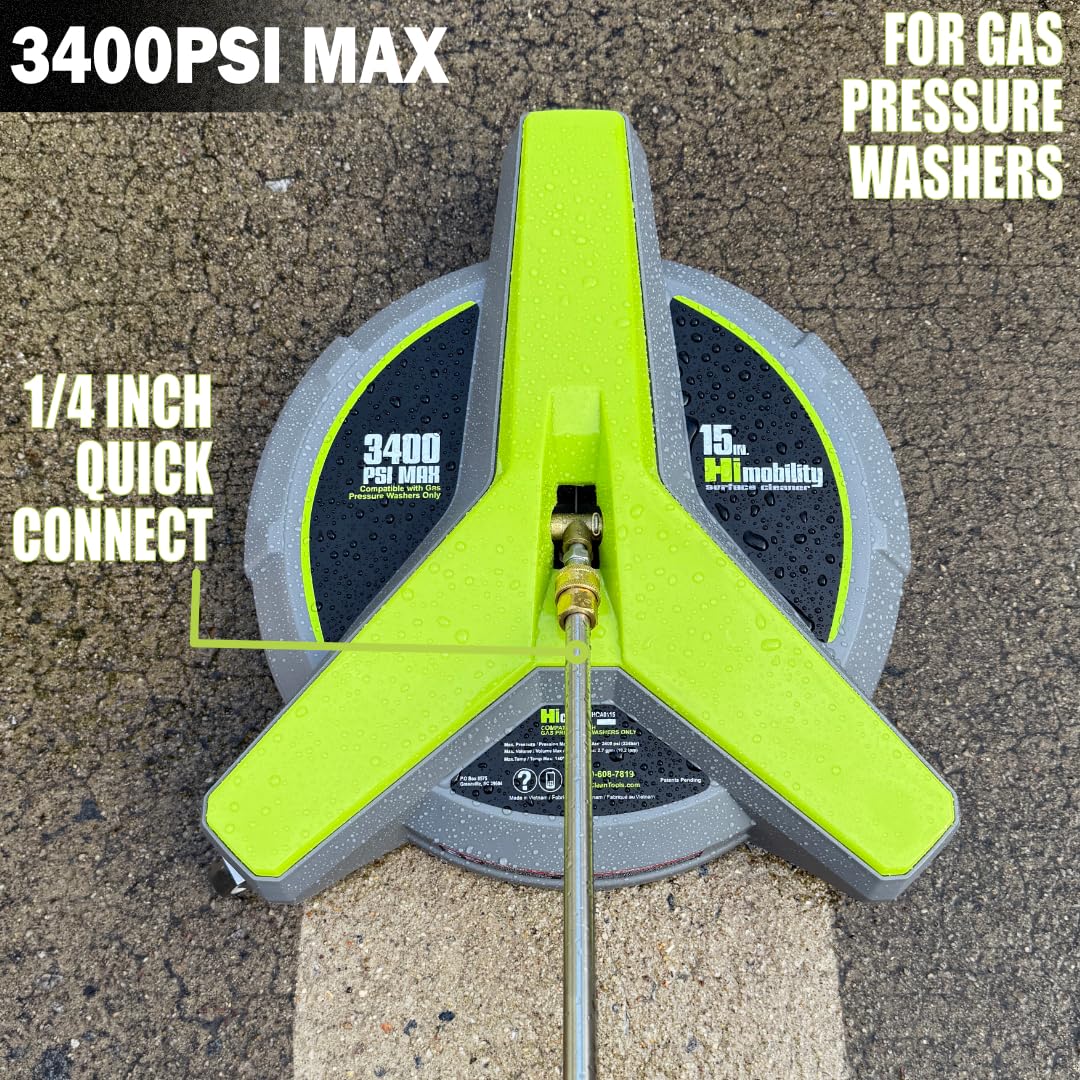 Hiclean three-swivel-wheel design improves maneuverability on concrete driveways.