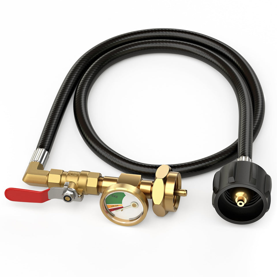 HICOOI propane refill adapter with 3ft hose ready for safe transfer.