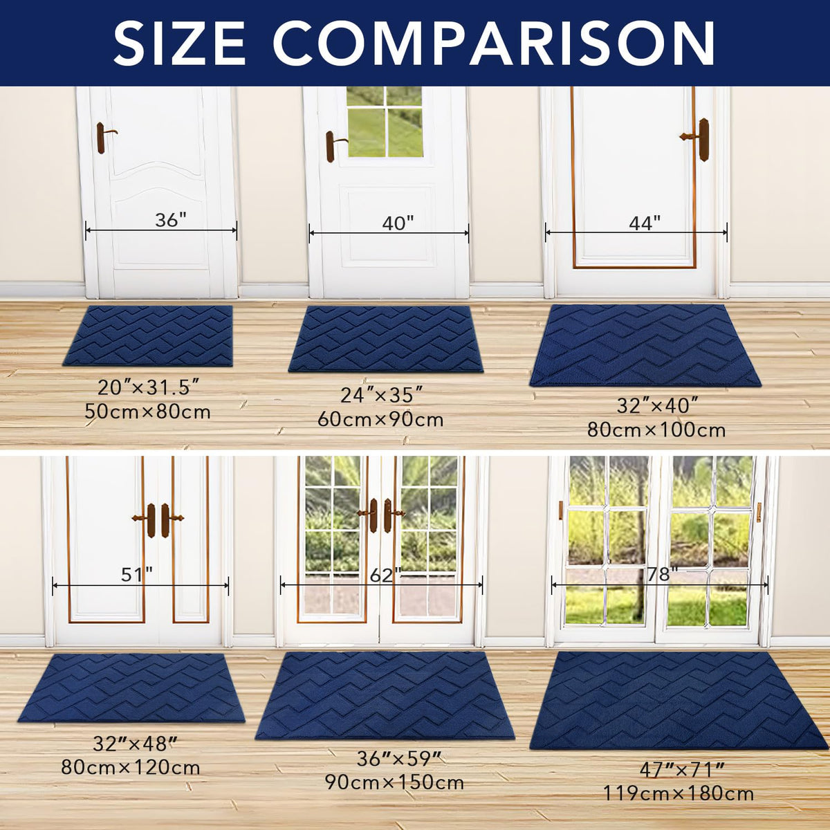 hicorfe indoor doormat low-profile 0.4 inch fits under doors neatly.