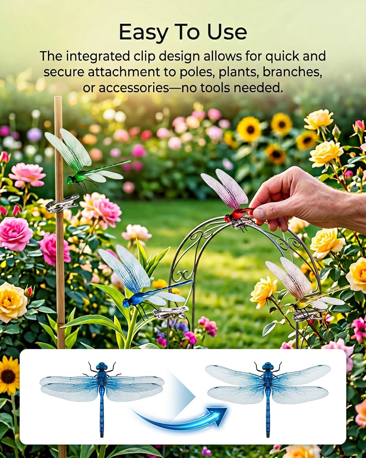 Hideno Dragon Fly Clip garden display adds whimsy to outdoor spaces.