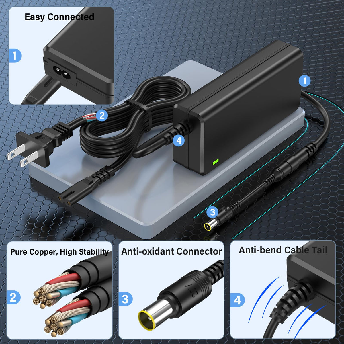 HIENADTOR two-prong US plug supports safe operation.