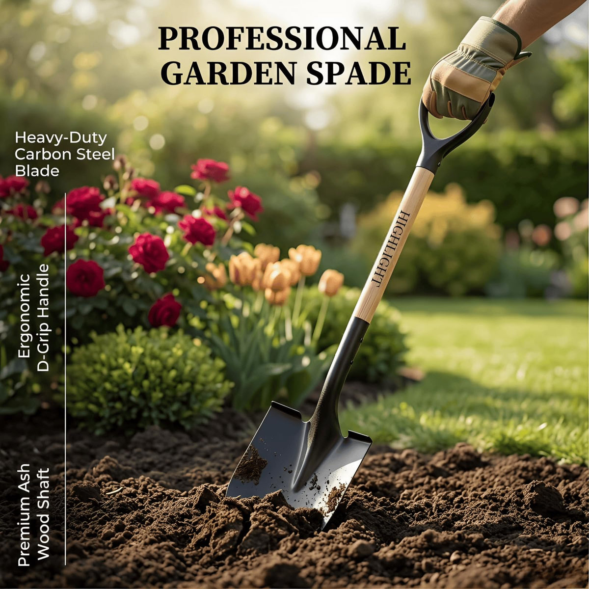 HIGHLIGHT versatile shovel for edging, trenching, and digging.