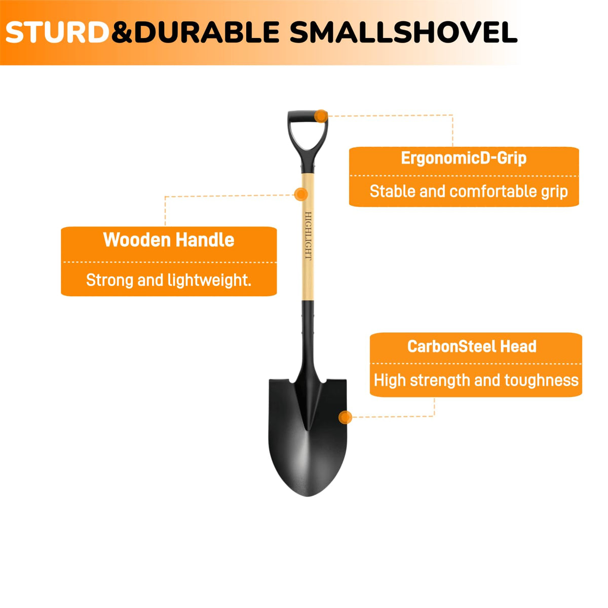 HIGHLIGHT heavy-duty shovel resists bending and warping in tough ground.