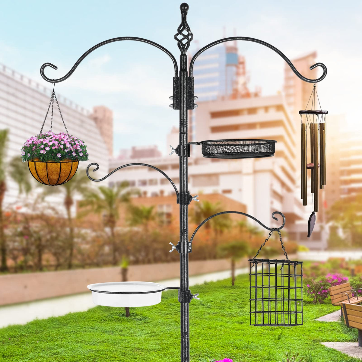 Highpro bird feeder station at 83 inches height for easy viewing from indoors.