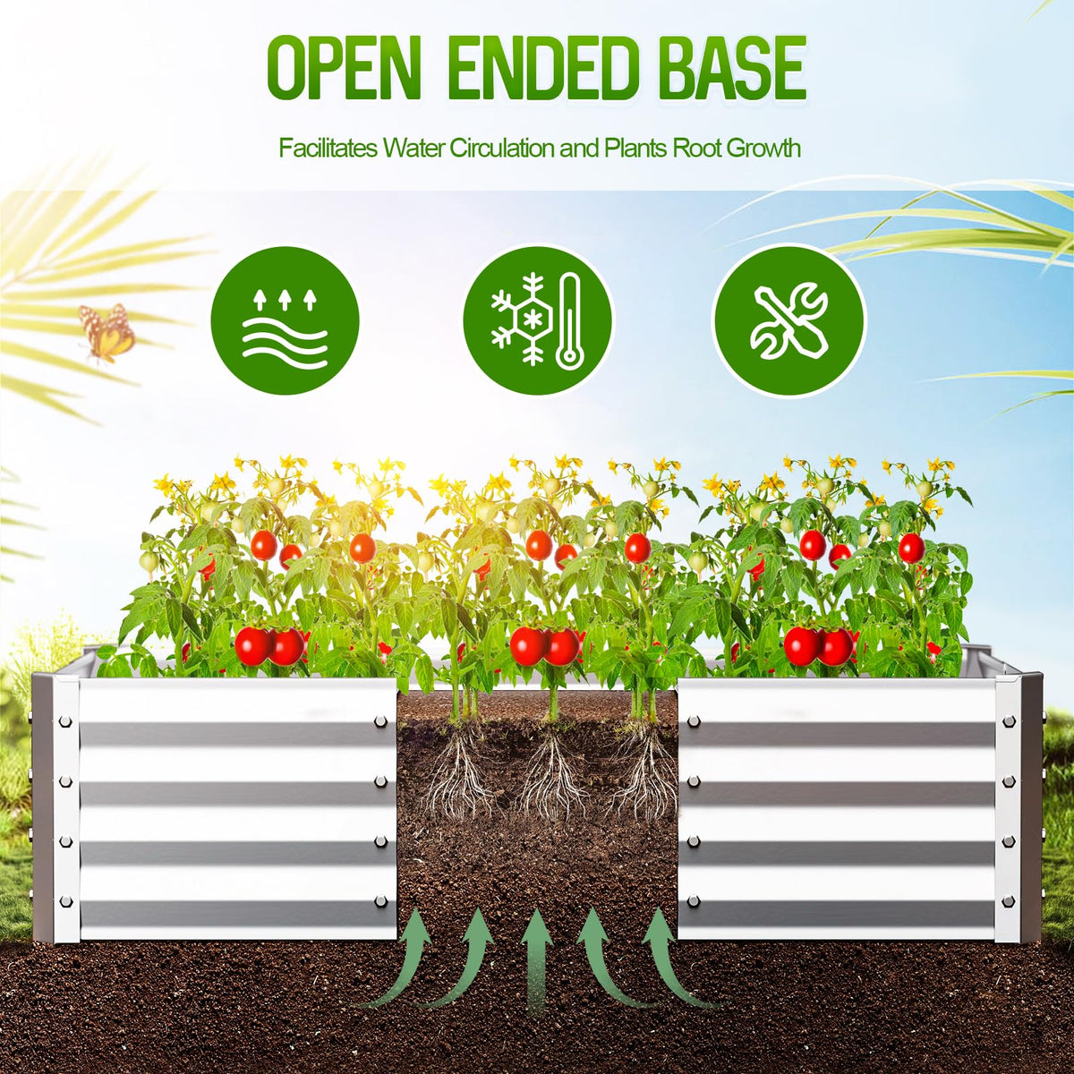 Highpro raised bed open-base design illustrating drainage and root air circulation