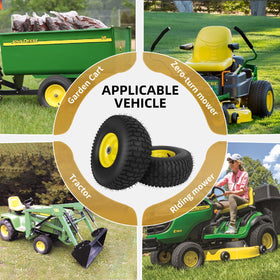 Hightall front-wheel tire arrangement shown ready for riding mowers.