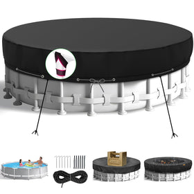 HIGHTQURO 12ft round pool cover on a backyard pool protects from debris and weather.