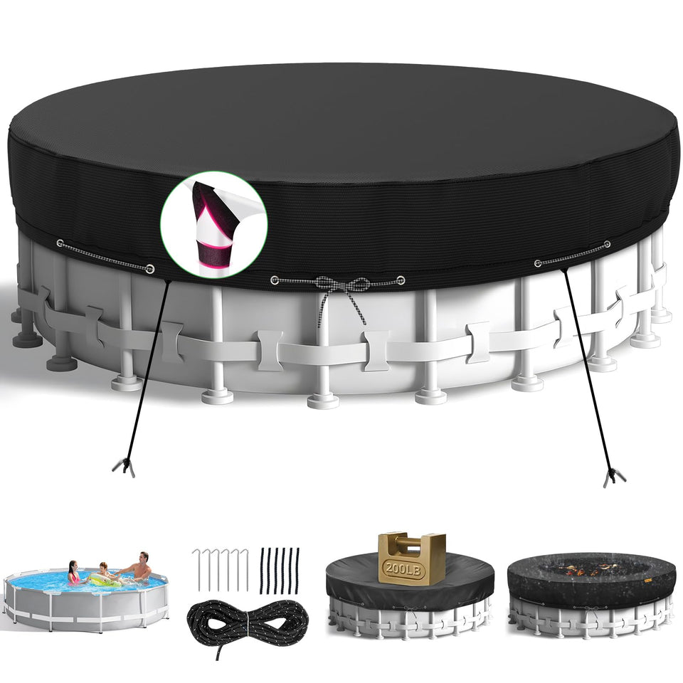 HIGHTQURO 12ft round pool cover on a backyard pool protects from debris and weather.