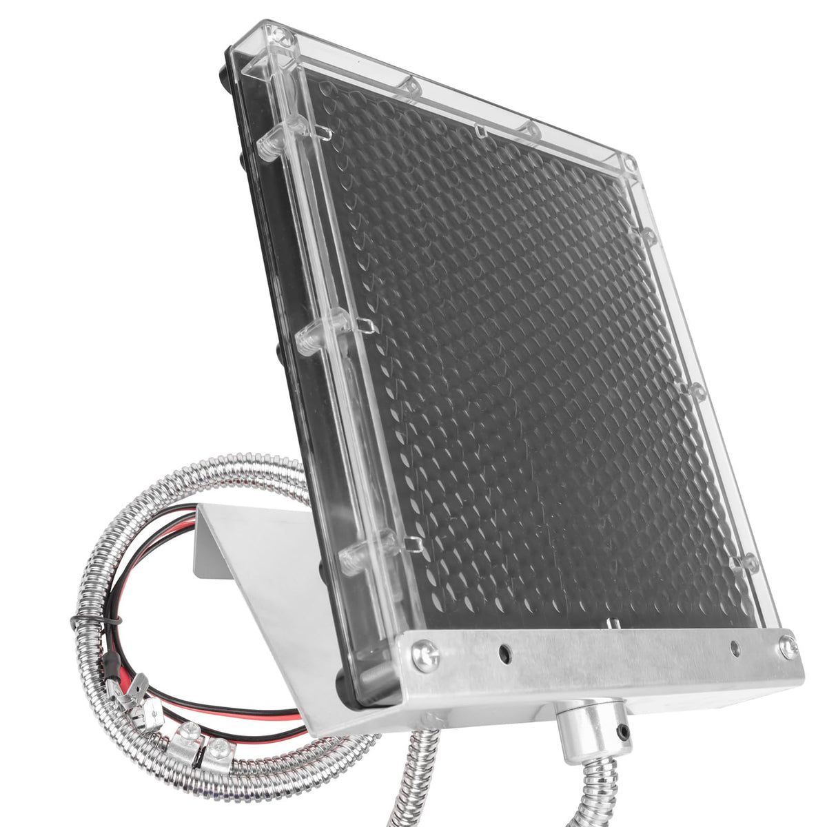 Highwild 12V solar panel charger front view powering a feeder battery