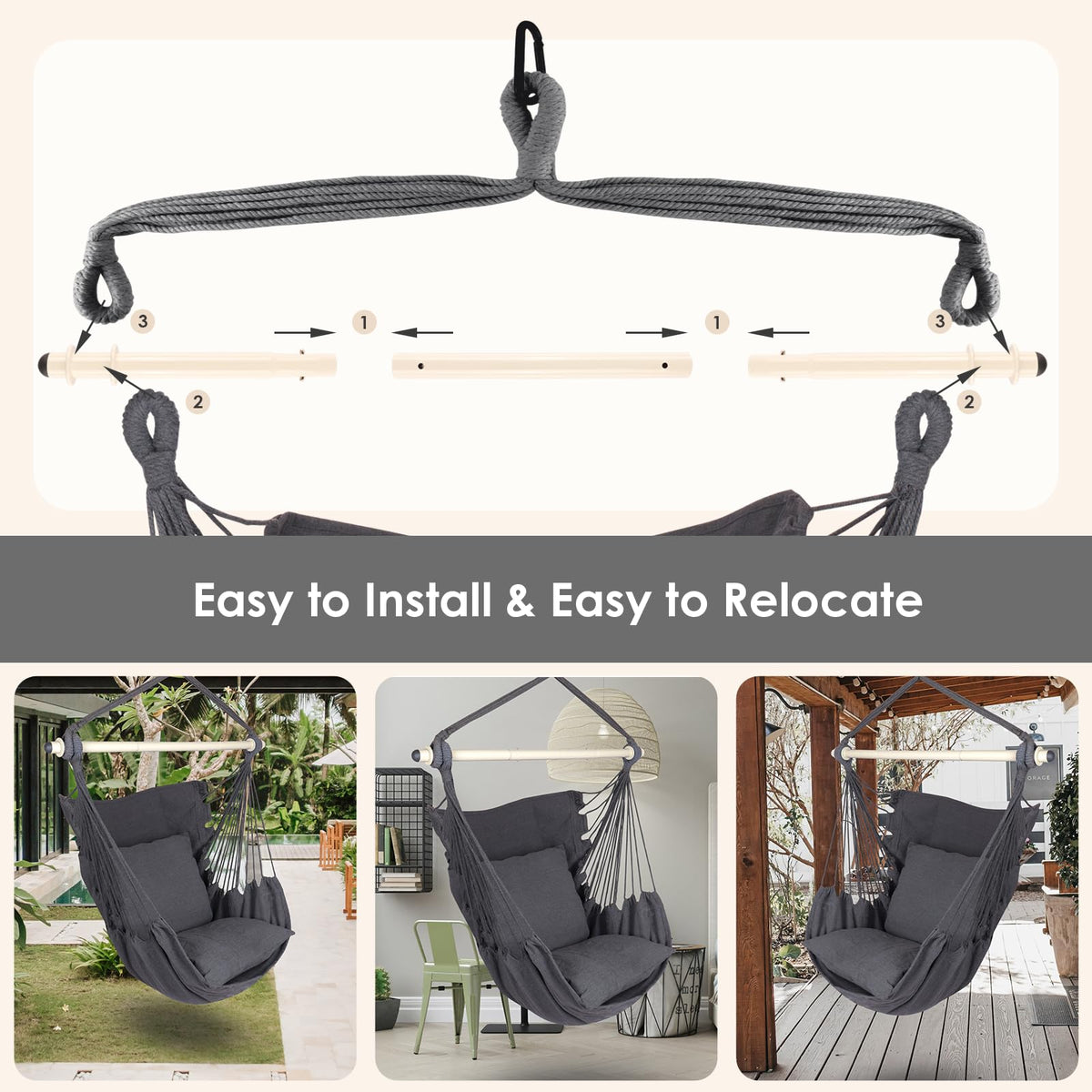 Easy indoor or outdoor hanging anywhere in seconds