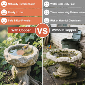 HIGHYEAH copper disc purifying action shown in an outdoor bird bath.