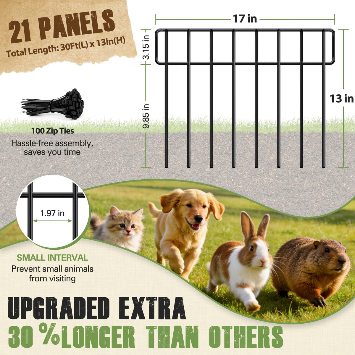 HIHADUUM metal fencing panels show 17x13 inch dimensions for sturdy edges.