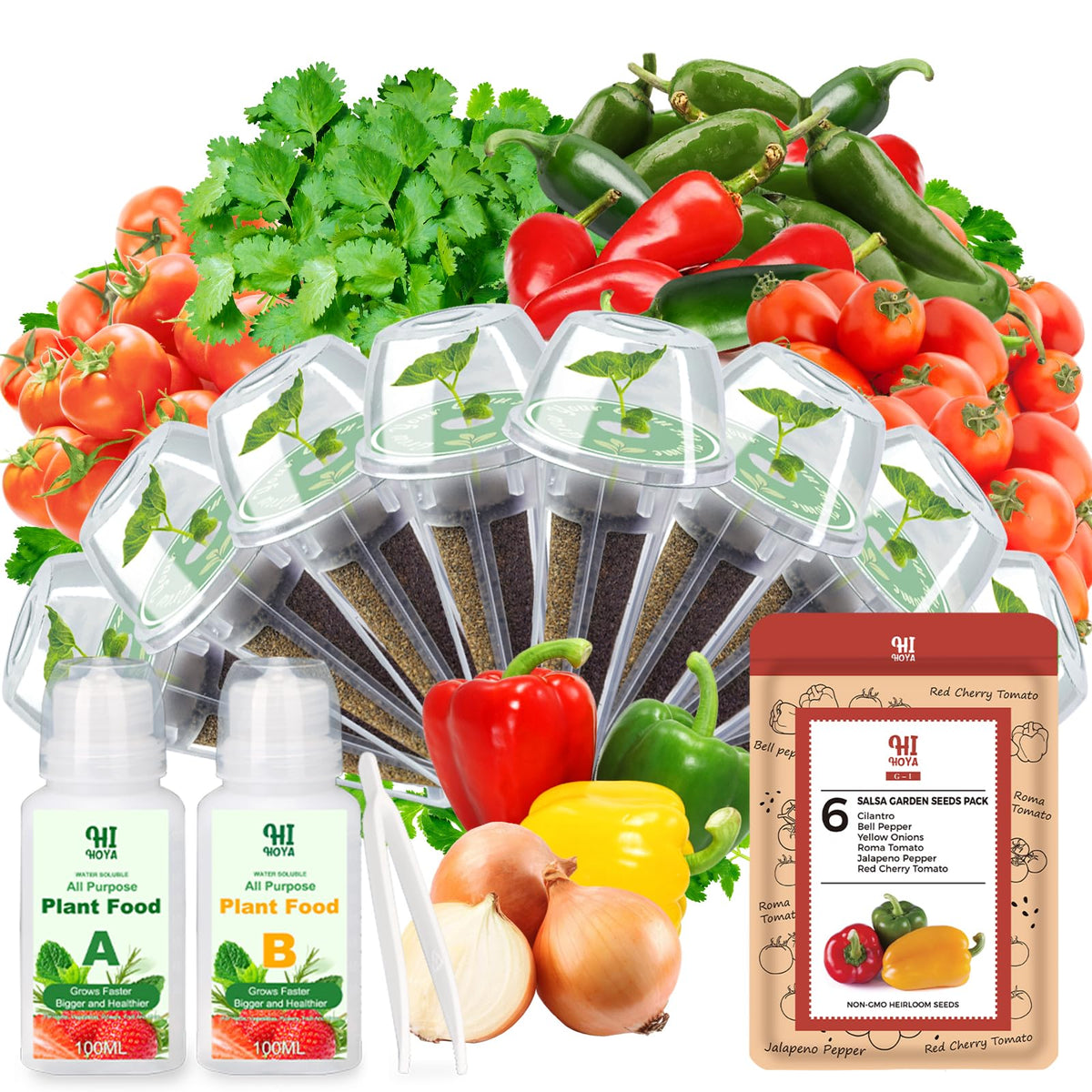 HiHOYA Salsa Garden Seed Pods eight-pack ready for hydroponics, with diverse salsa seeds.