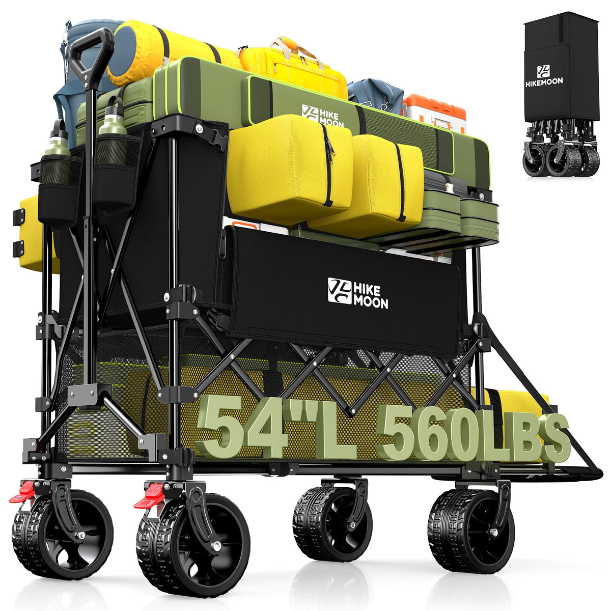 Hikemoon 400L double-decker wagon with extended tailgate for long items.