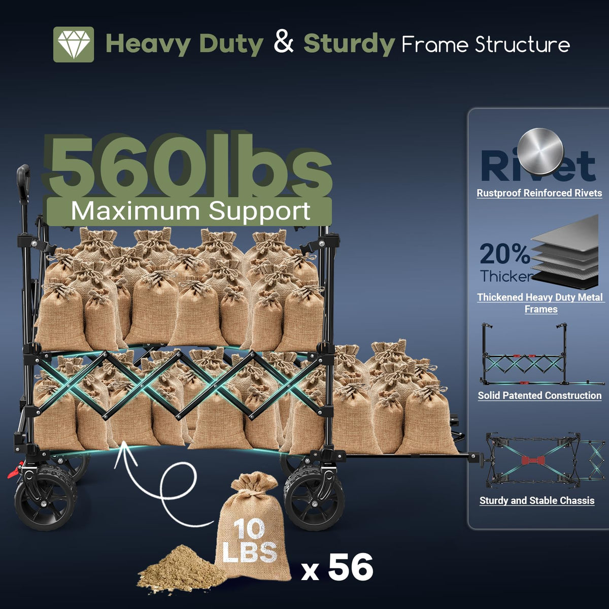 Hikemoon heavy-duty wagon supports up to 560 pounds.