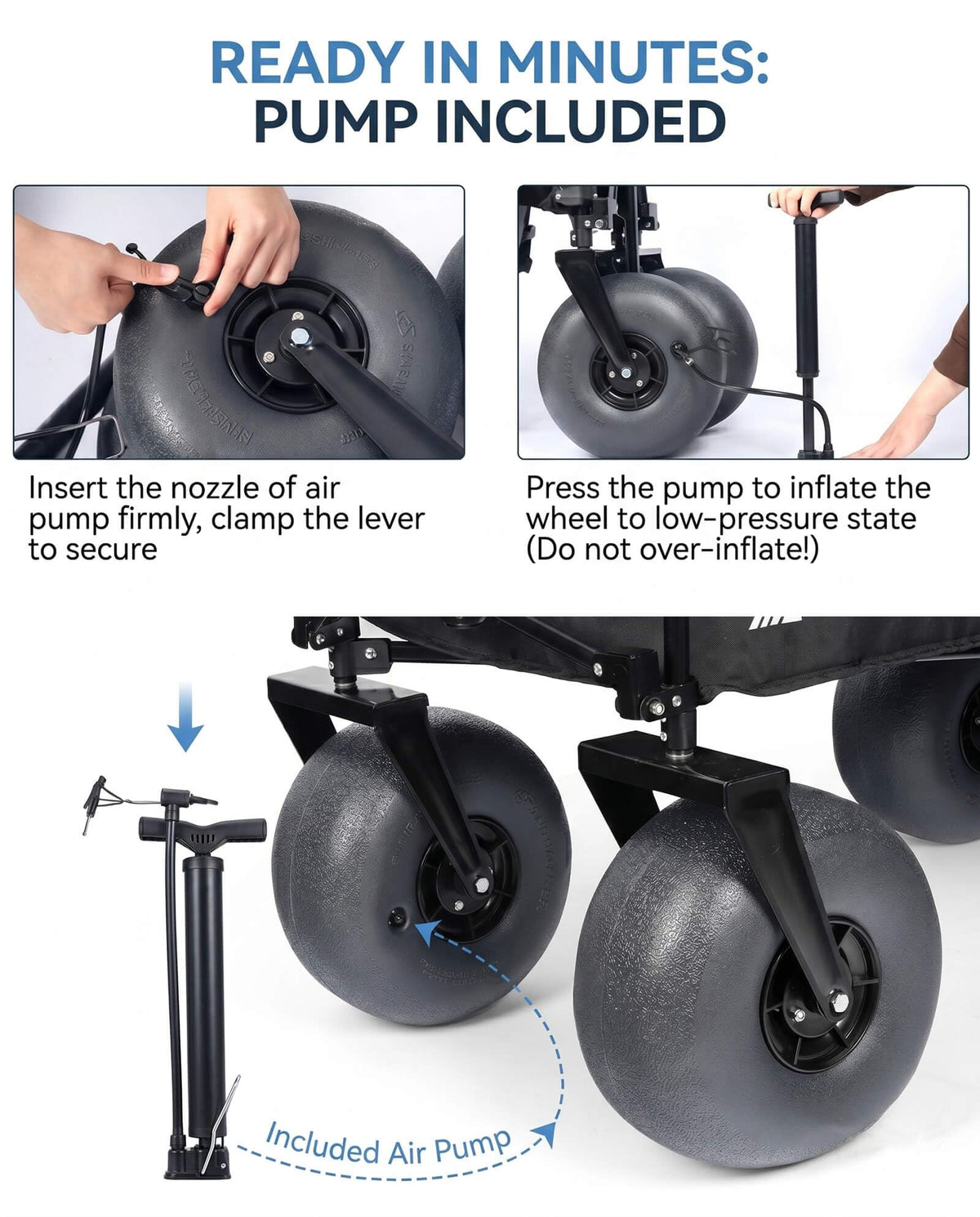 Included air pump with Hikenture Beach Wagon for quick inflation