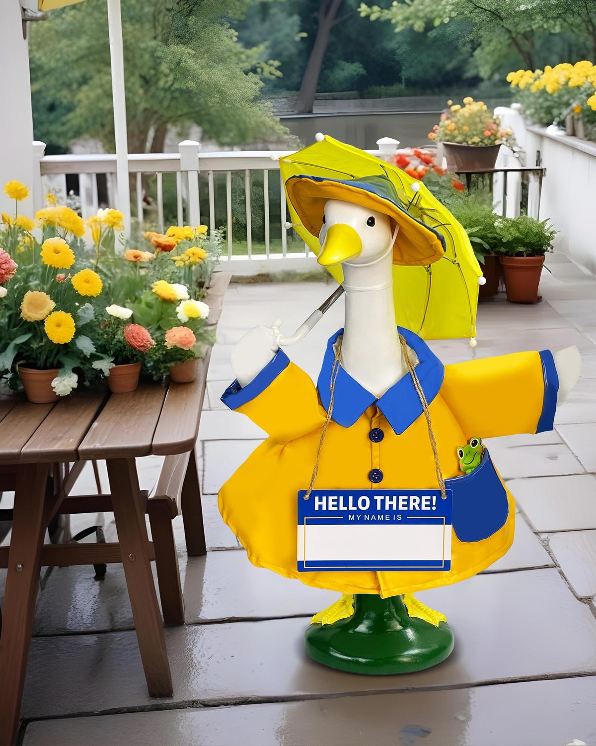 Bright yellow raincoat enhances a porch or garden display.