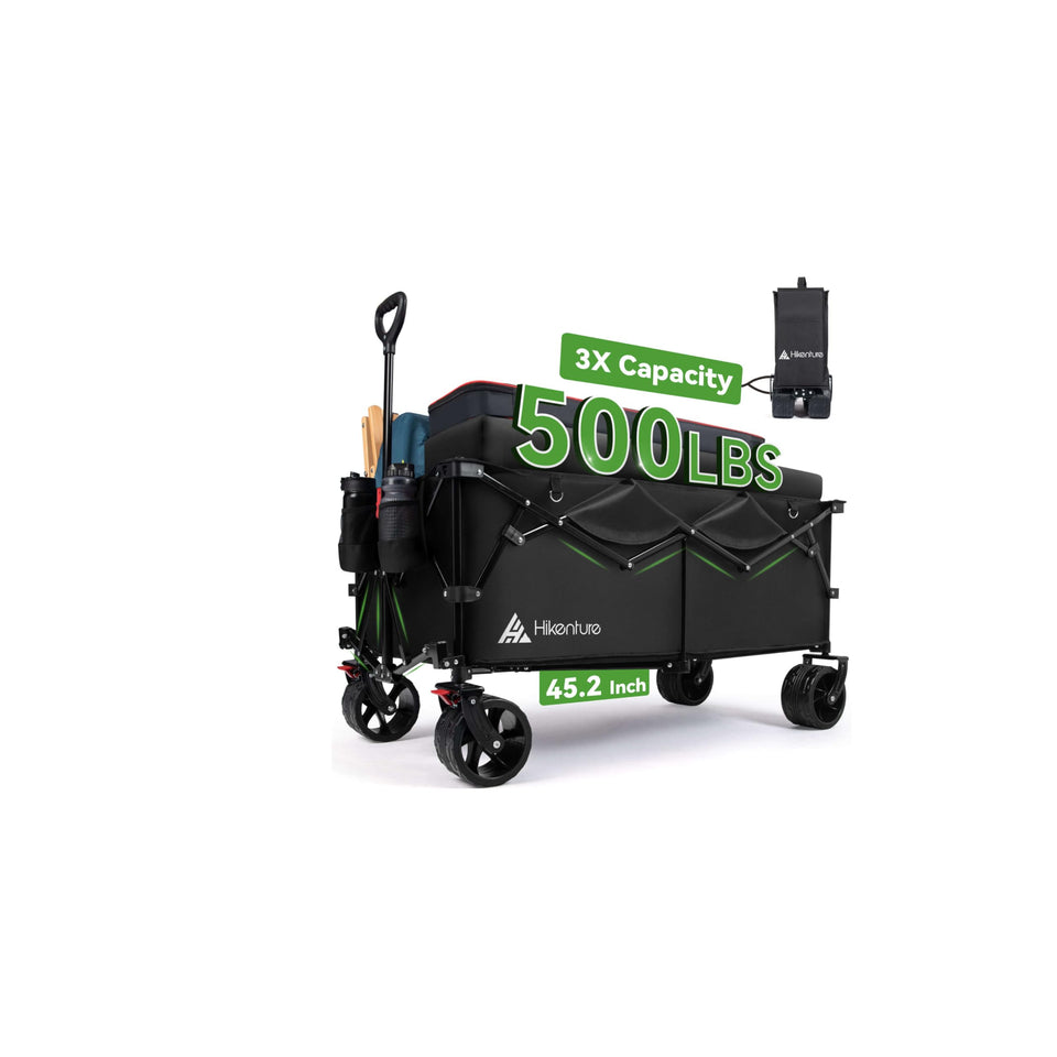 Hikenture extended wagon capacity enables carrying long gear for beach trips and camping.