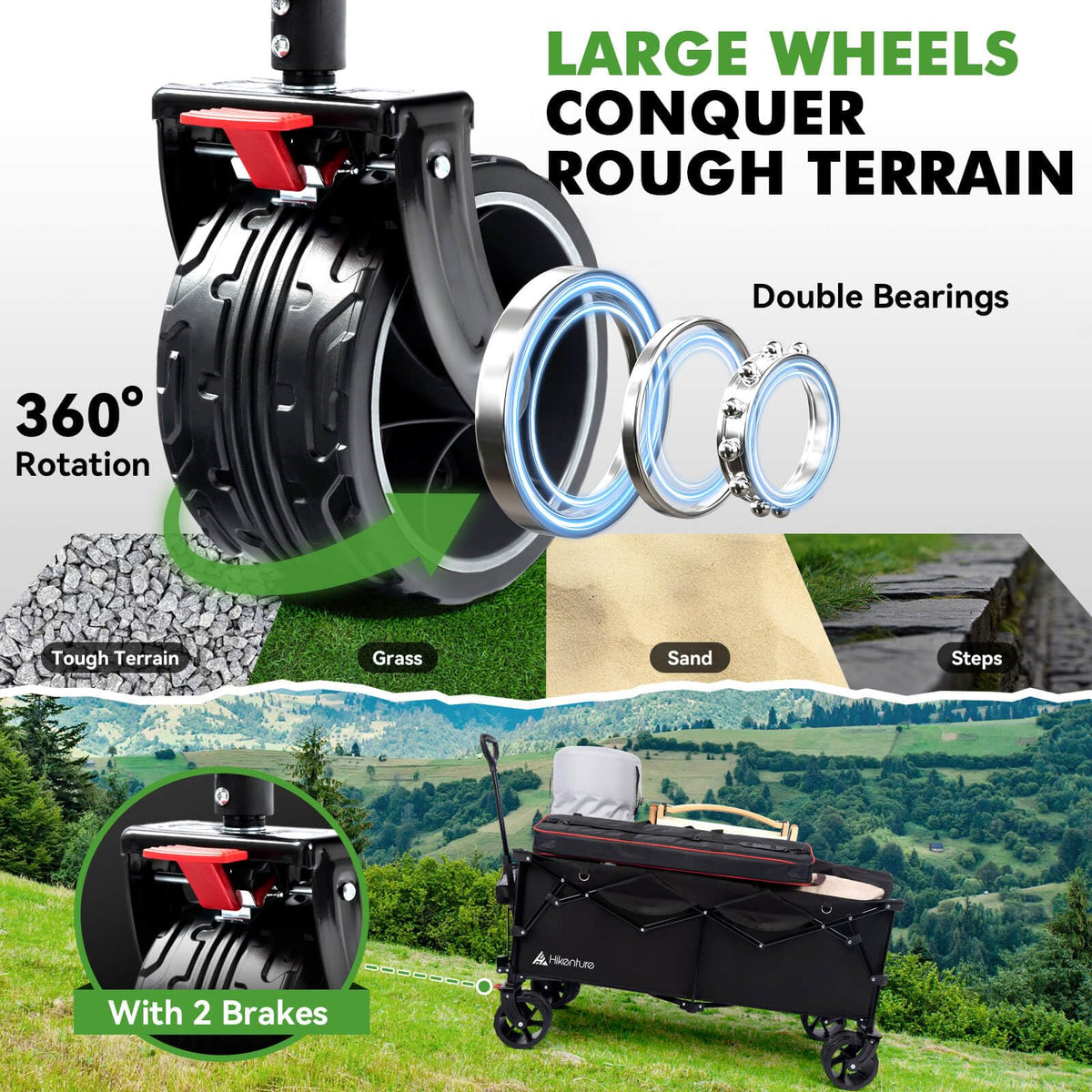 Hikenture wagon 360-handle-maneuverability makes steering through aisles effortless.