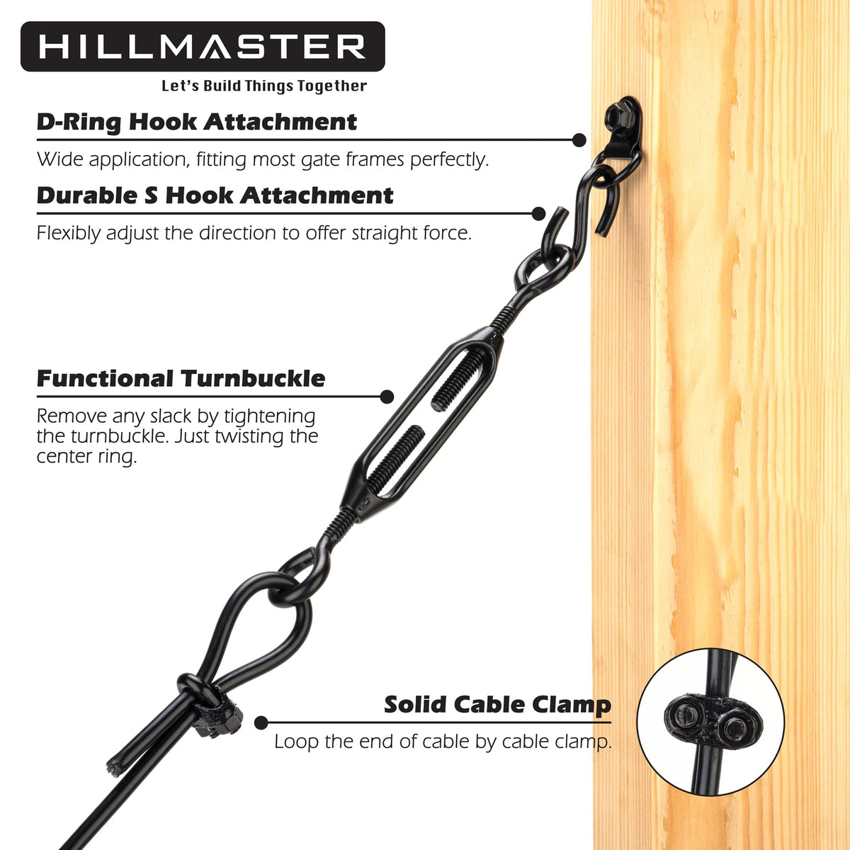 Hillmaster vinyl-wrapped steel cable shown with clamps for secure installation.