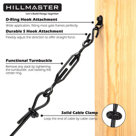 Hillmaster vinyl-wrapped steel cable shown with clamps for secure installation.