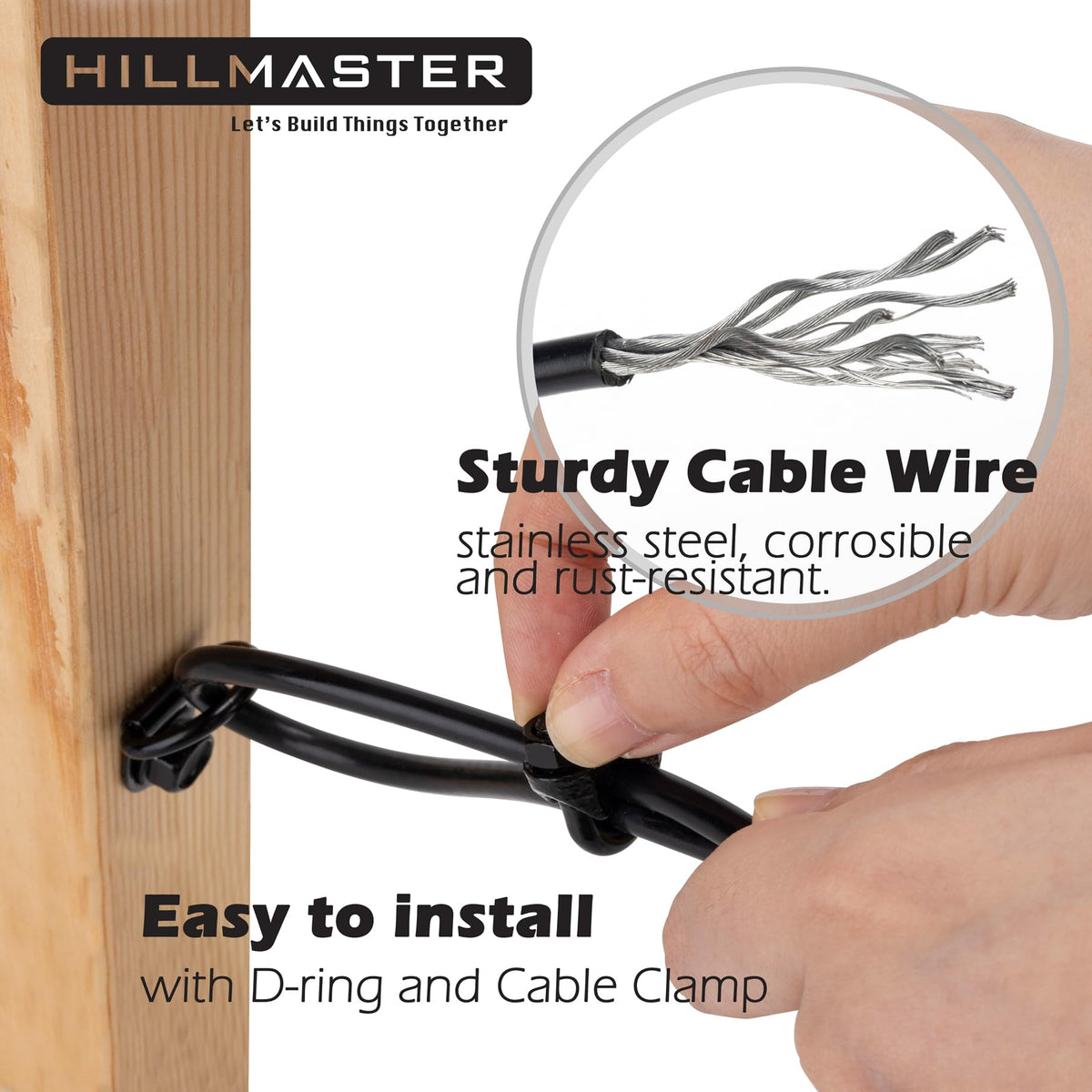Hillmaster adjustable turnbuckle and D-ring ensure easy tensioning for gate alignment.