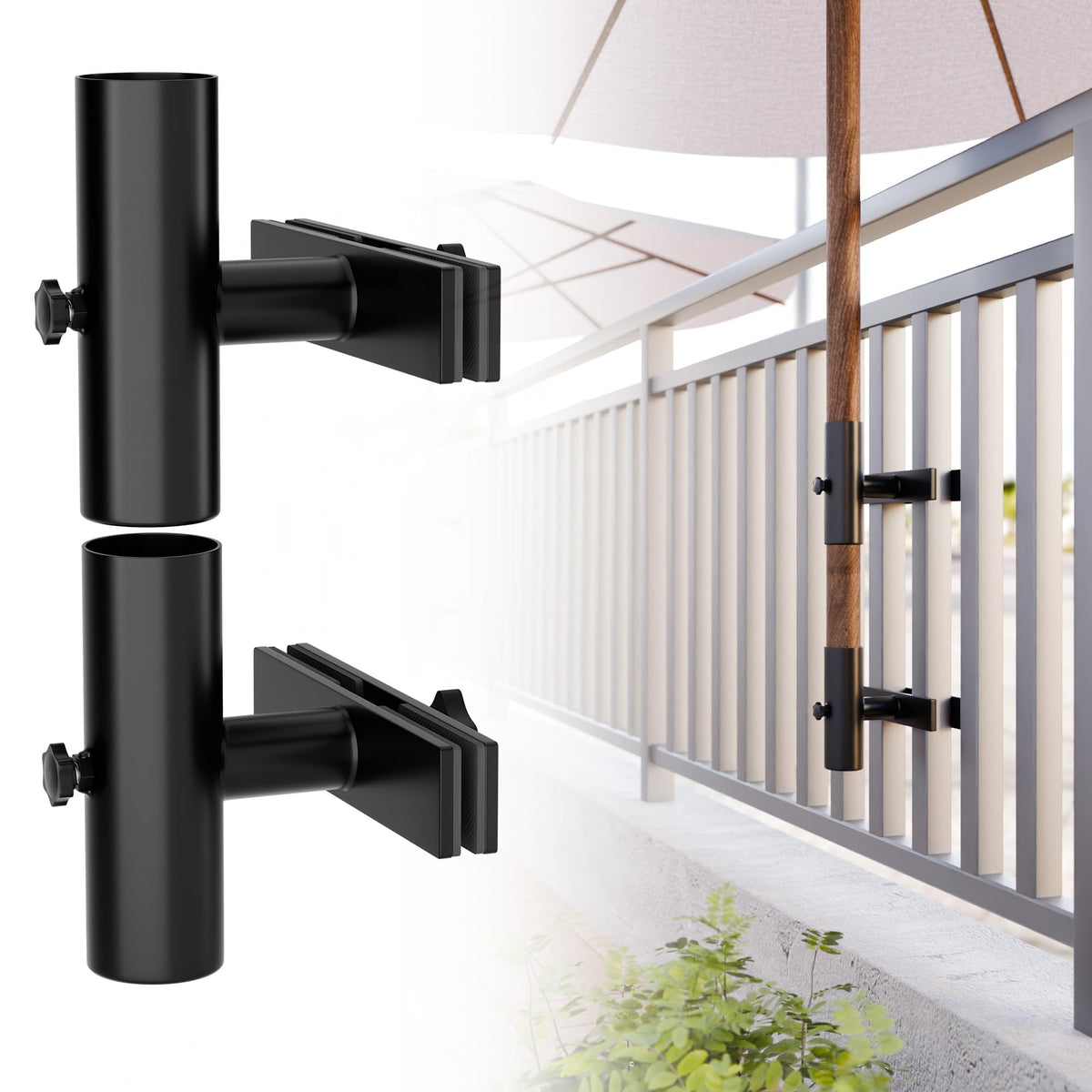 HILLMASTER umbrella-holder-clamp securing a patio umbrella on a balcony railing