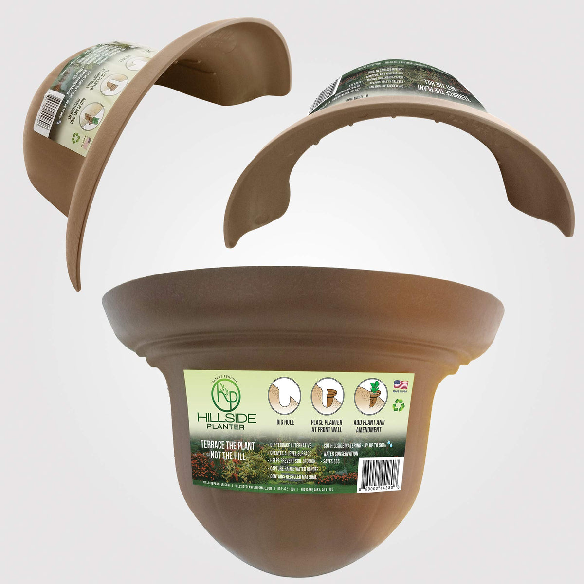 Hillside Planter three-pack on a slope reduces erosion and supports plant growth