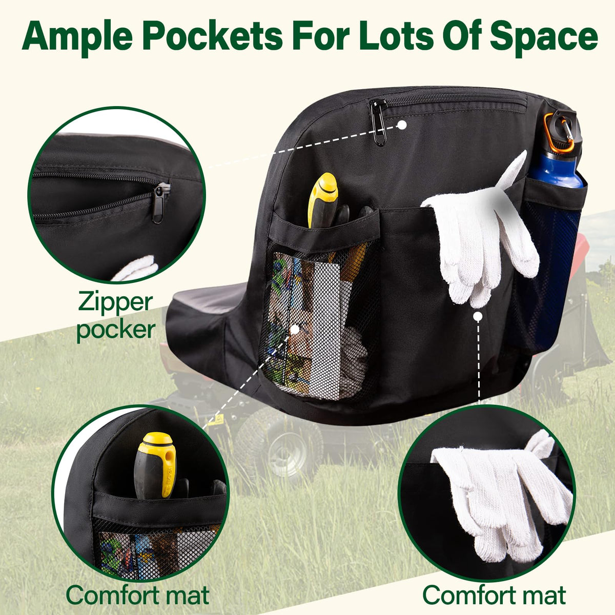 Non-slip cushion on Himal Outdoors seat cover reduces sliding while mowing