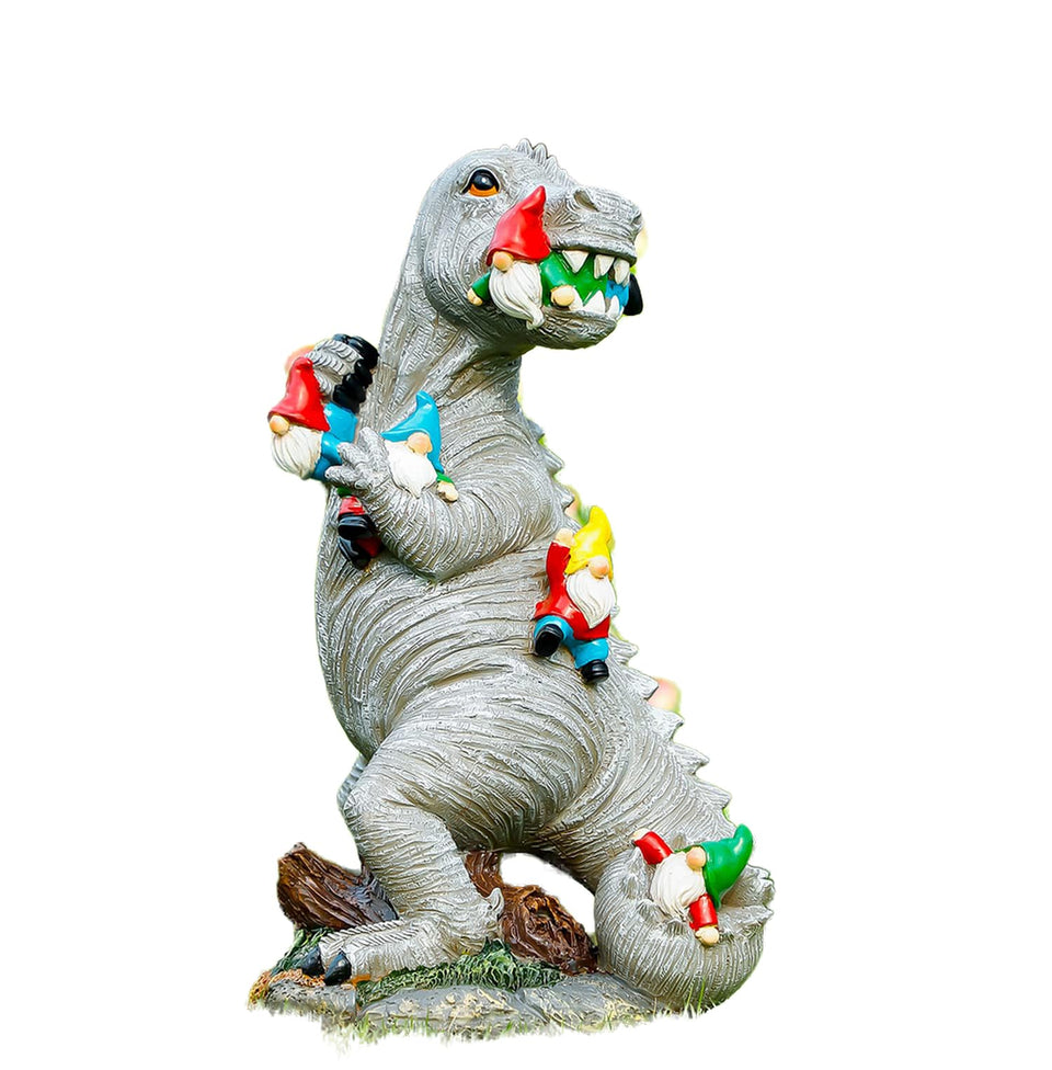 Himaweek garden statue dinosaur-gnome adds whimsical focal point outdoors.