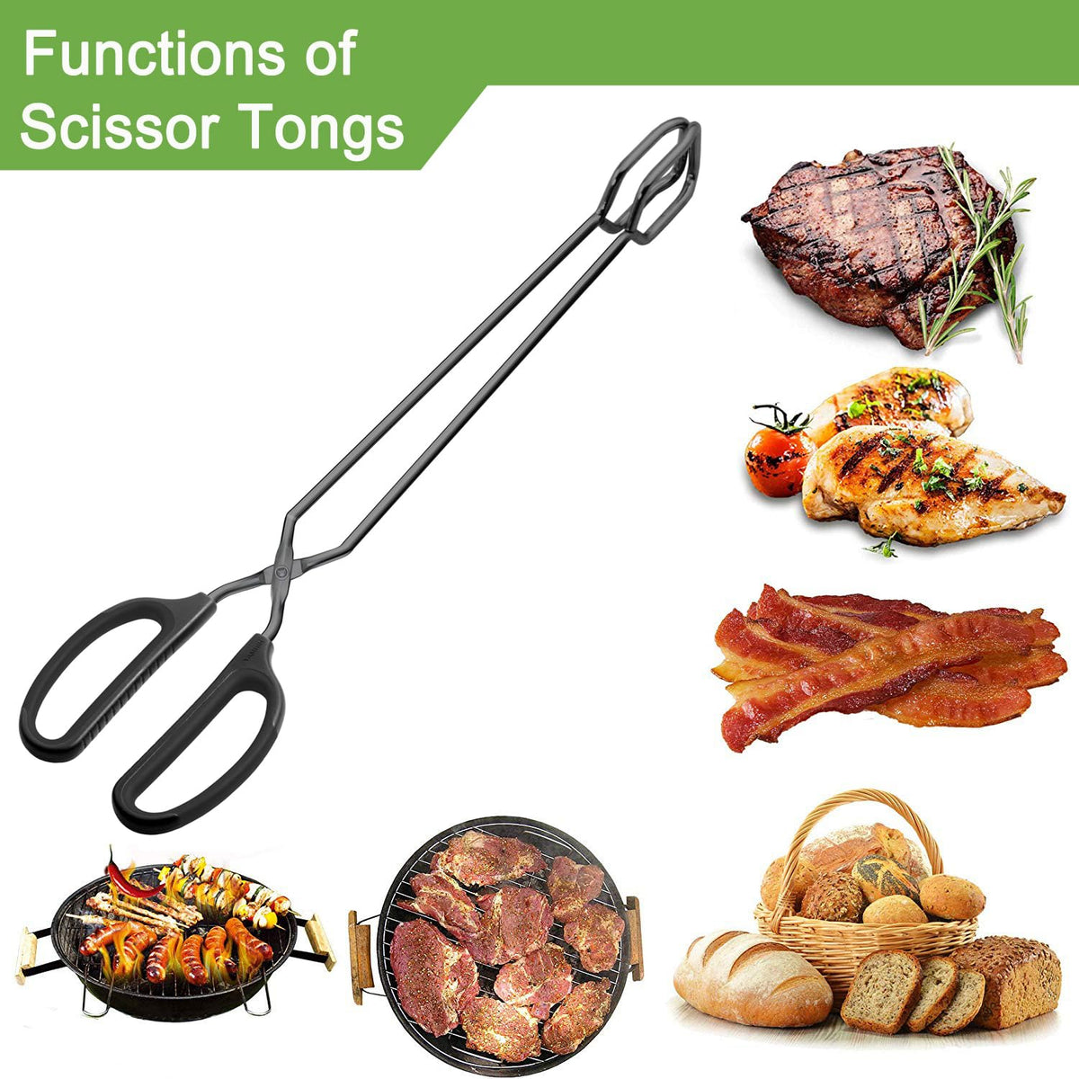 HINMAY black stainless tongs designed for cooking, grilling, and serving versatile meals