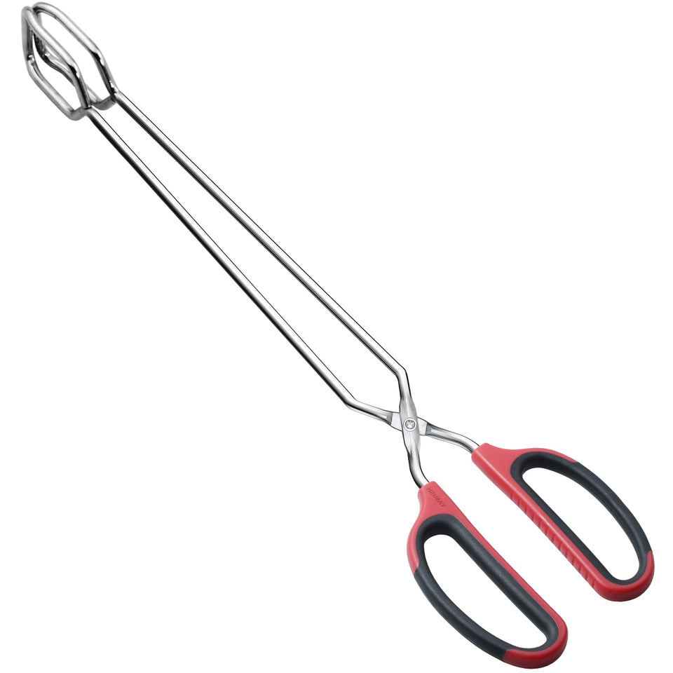 HINMAY extra-long stainless steel tongs close-up on durable grill use