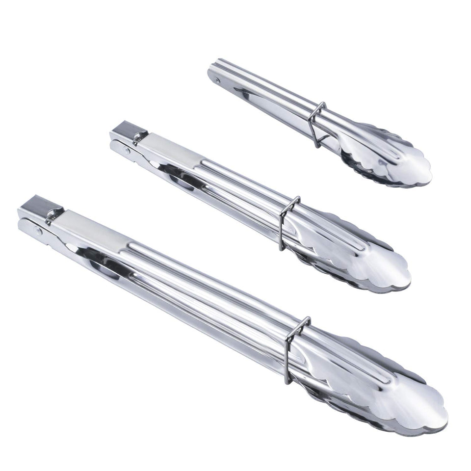 HINMAY 7-inch stainless steel tongs for precise flipping and serving.