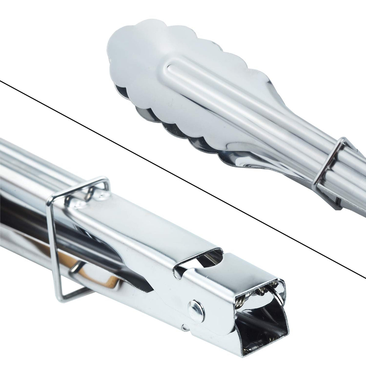 HINMAY tongs with clamshell grip for secure release during cooking.